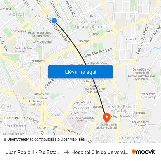 Juan Pablo II - Fte Estación Autobuses to Hospital Clinico Universitario San Cecilio map