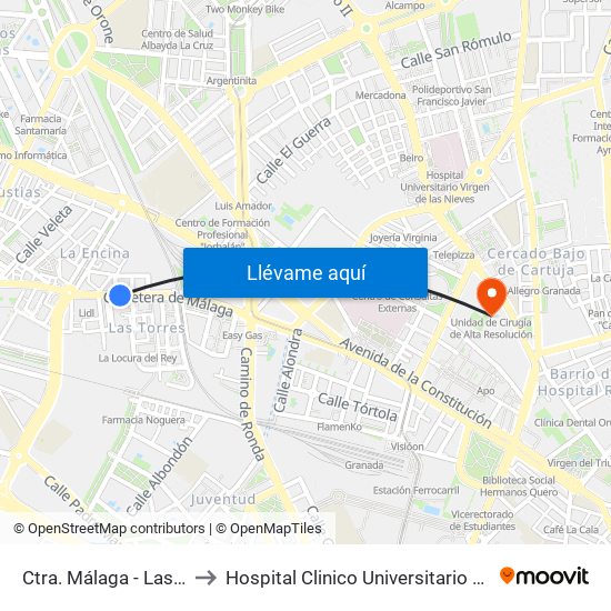 Ctra. Málaga - Las Torres to Hospital Clinico Universitario San Cecilio map