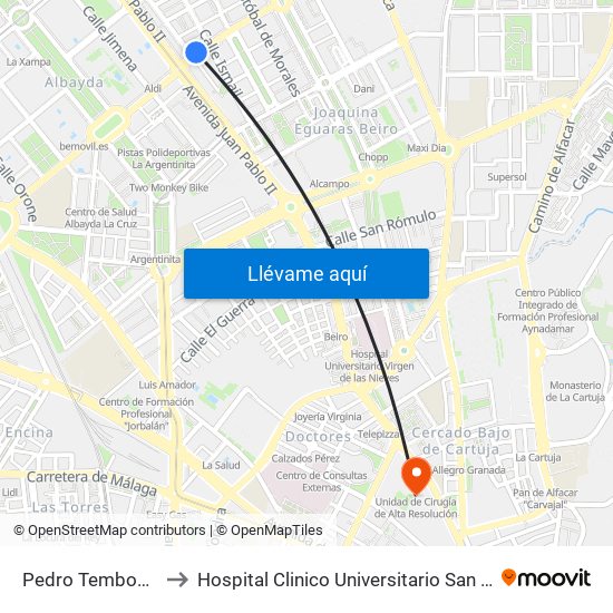 Pedro Temboury 1 to Hospital Clinico Universitario San Cecilio map