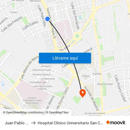 Juan Pablo II 5 to Hospital Clinico Universitario San Cecilio map