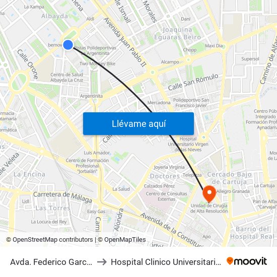 Avda. Federico García Lorca 9 to Hospital Clinico Universitario San Cecilio map