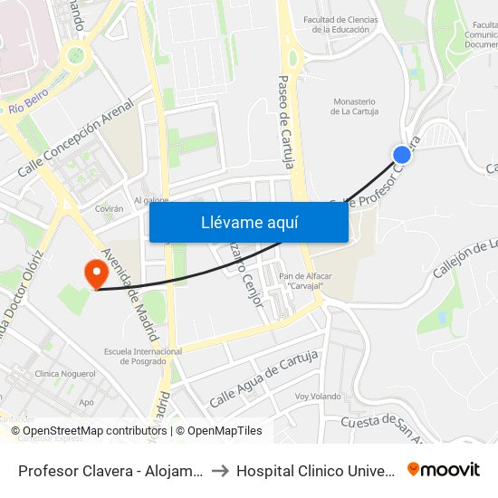 Profesor Clavera - Alojamientos Universitarios to Hospital Clinico Universitario San Cecilio map
