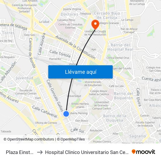 Plaza Einstein to Hospital Clinico Universitario San Cecilio map