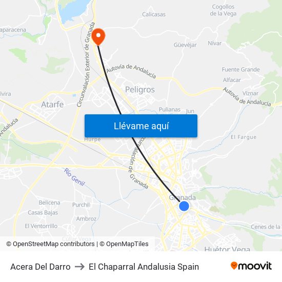 Acera Del Darro to El Chaparral Andalusia Spain map