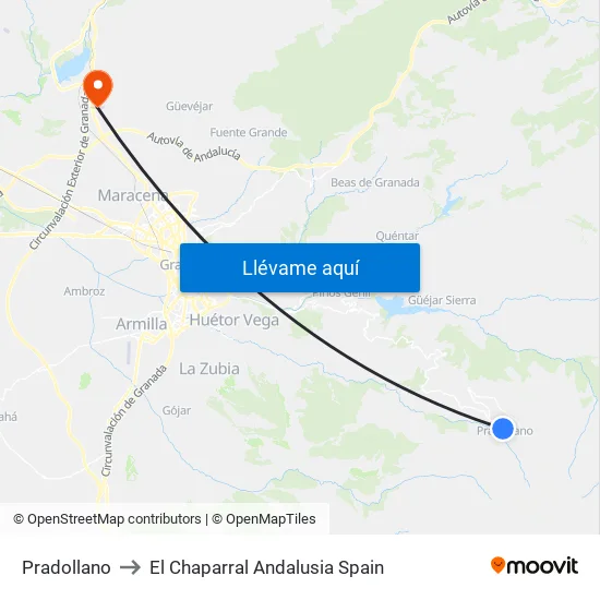 Pradollano to El Chaparral Andalusia Spain map