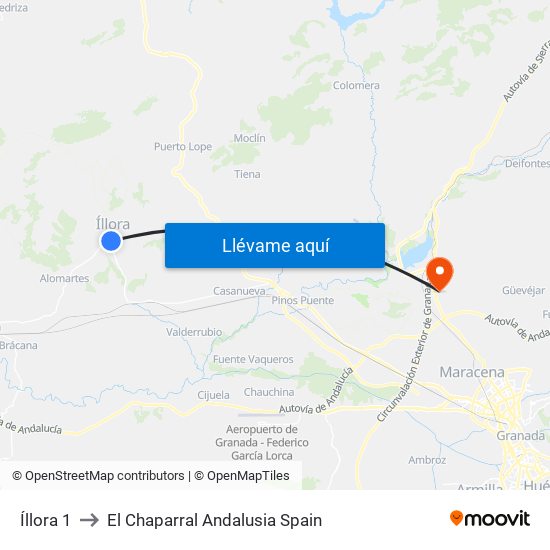 Íllora 1 to El Chaparral Andalusia Spain map