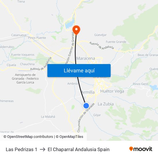 Las Pedrizas 1 to El Chaparral Andalusia Spain map