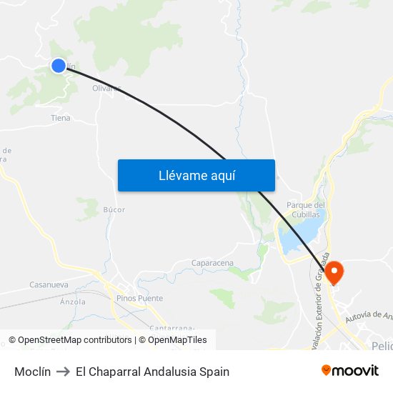 Moclín to El Chaparral Andalusia Spain map