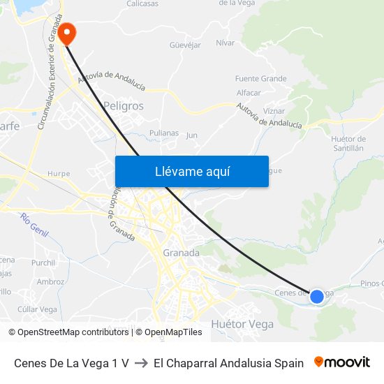 Cenes De La Vega 1 V to El Chaparral Andalusia Spain map