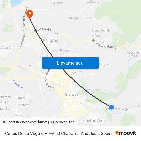 Cenes De La Vega 6 V to El Chaparral Andalusia Spain map