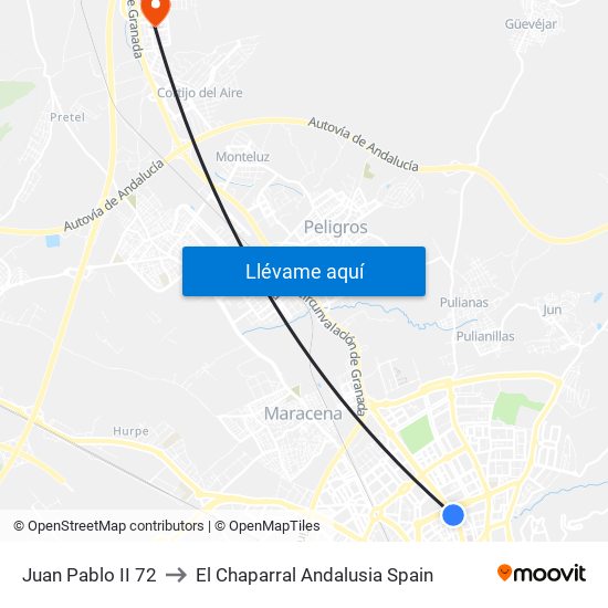 Juan Pablo II 72 to El Chaparral Andalusia Spain map