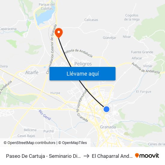 Paseo De Cartuja - Seminario Diocesano De Granada to El Chaparral Andalusia Spain map