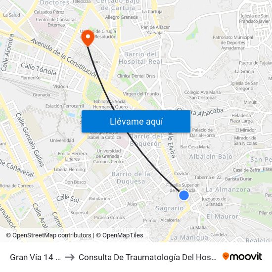 Gran Vía 14 - Catedral to Consulta De Traumatología Del Hospital Cliínico San Cecilio map