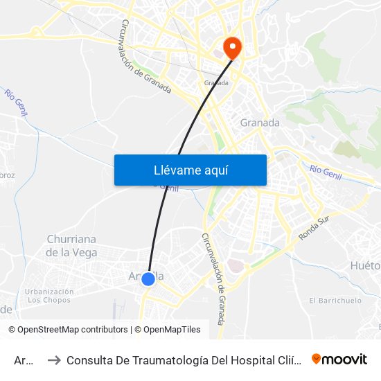 Armilla to Consulta De Traumatología Del Hospital Cliínico San Cecilio map