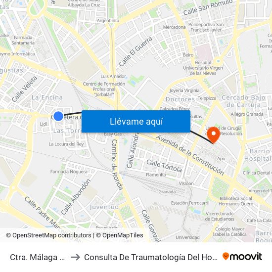 Ctra. Málaga - Las Torres to Consulta De Traumatología Del Hospital Cliínico San Cecilio map