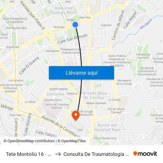 Tete Montoliú 16 - Fte Junta De Andalucía to Consulta De Traumatología Del Hospital Cliínico San Cecilio map