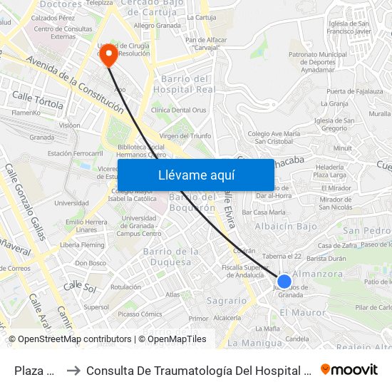 Plaza Nueva to Consulta De Traumatología Del Hospital Cliínico San Cecilio map