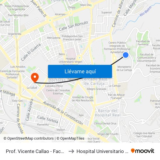 Prof. Vicente Callao - Facultad Ciencias Educación to Hospital Universitario Virgen de Las Nieves map