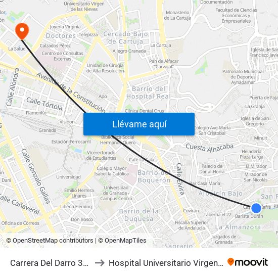Carrera Del Darro 33 - Bañuelo to Hospital Universitario Virgen de Las Nieves map
