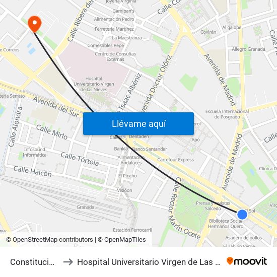Constitución 7 to Hospital Universitario Virgen de Las Nieves map
