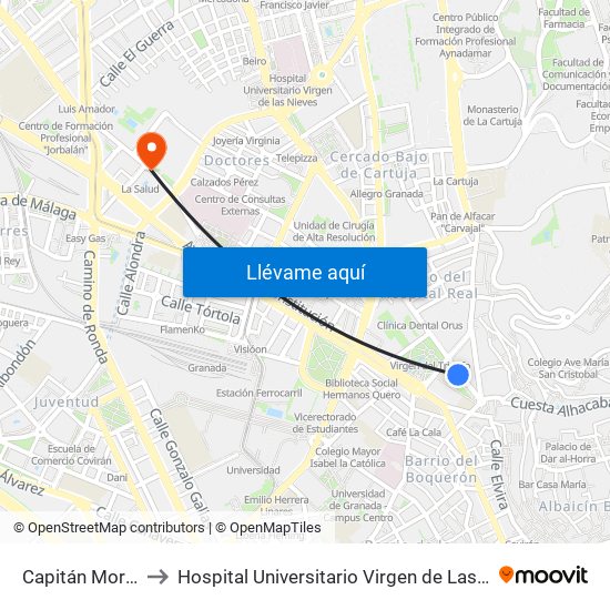 Capitán Moreno to Hospital Universitario Virgen de Las Nieves map