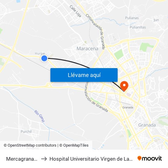 Mercagranada 1 to Hospital Universitario Virgen de Las Nieves map