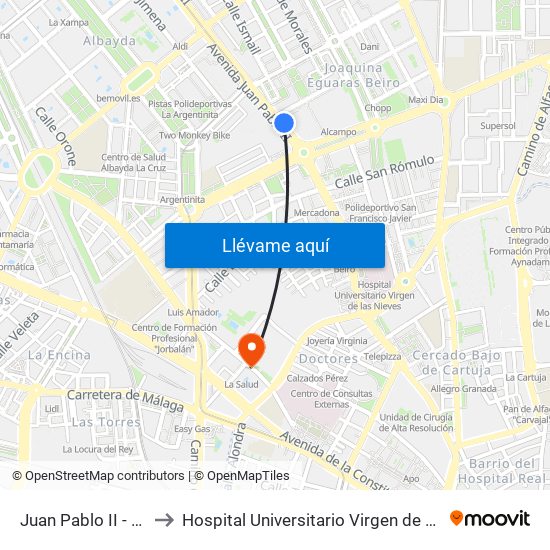 Juan Pablo II - Fte 23 to Hospital Universitario Virgen de Las Nieves map