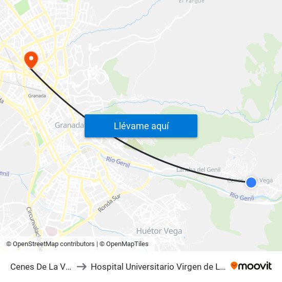 Cenes De La Vega 3 to Hospital Universitario Virgen de Las Nieves map