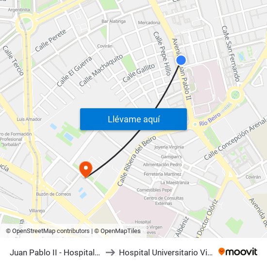 Juan Pablo II - Hospital De Traumatología to Hospital Universitario Virgen de Las Nieves map