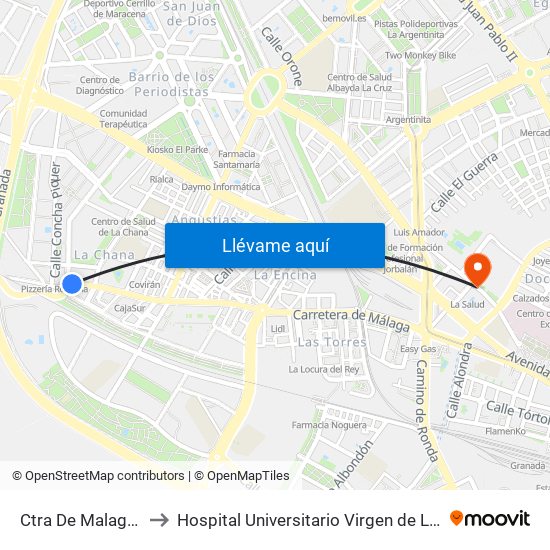 Ctra De Malaga 116 to Hospital Universitario Virgen de Las Nieves map