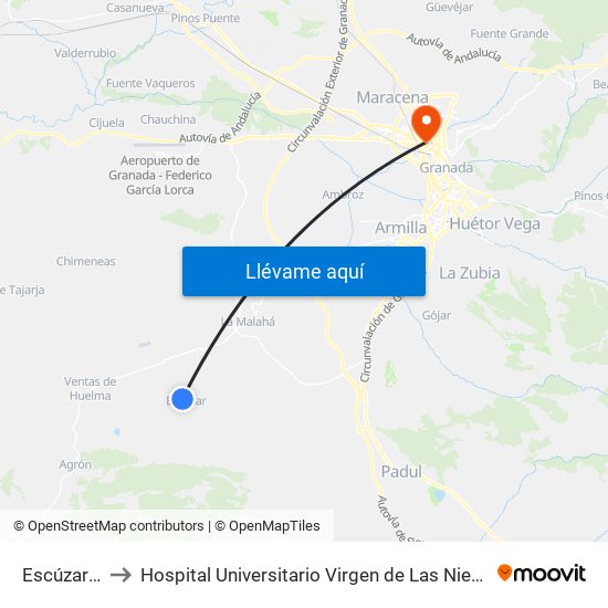 Escúzar 1 to Hospital Universitario Virgen de Las Nieves map