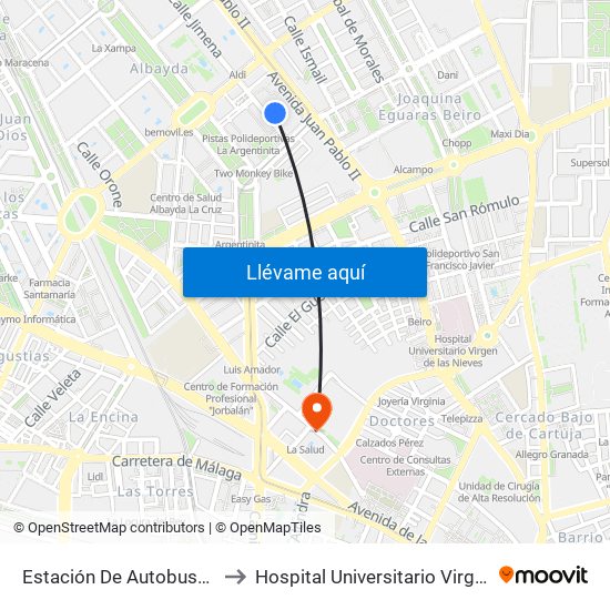 Estación De Autobuses De Granada to Hospital Universitario Virgen de Las Nieves map