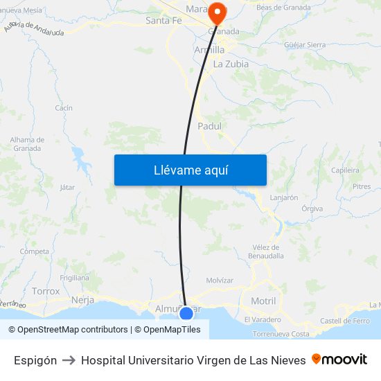 Espigón to Hospital Universitario Virgen de Las Nieves map