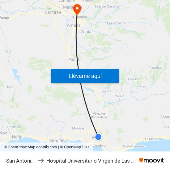 San Antonio 2 to Hospital Universitario Virgen de Las Nieves map