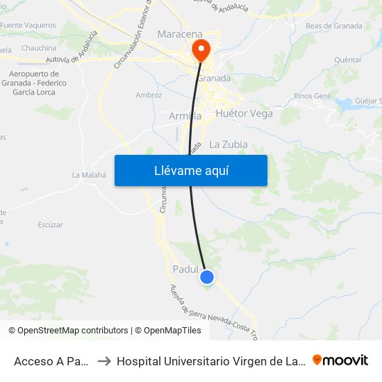 Acceso A Padul V to Hospital Universitario Virgen de Las Nieves map