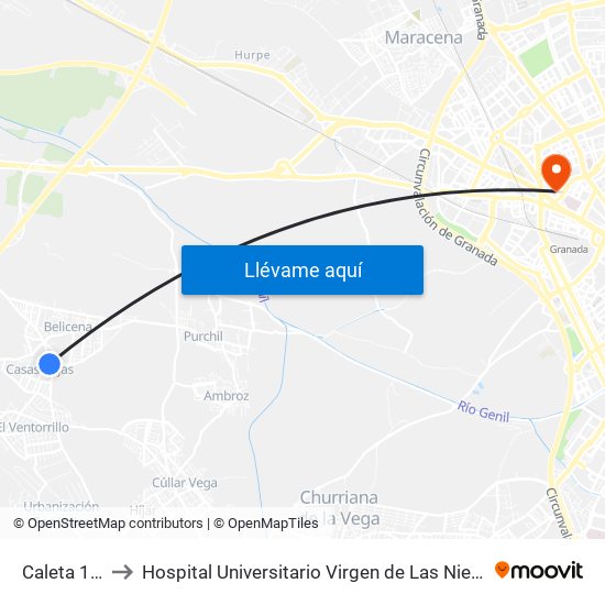 Caleta 1 V to Hospital Universitario Virgen de Las Nieves map