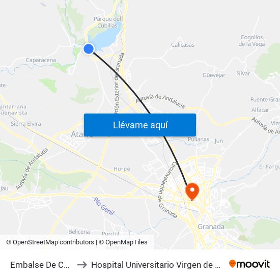 Embalse De Cubillas to Hospital Universitario Virgen de Las Nieves map
