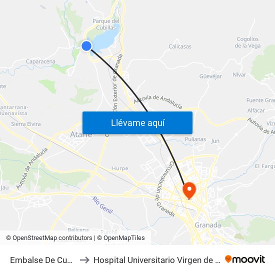Embalse De Cubillas V to Hospital Universitario Virgen de Las Nieves map