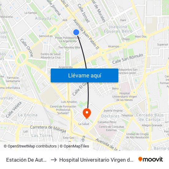 Estación De Autobuses. to Hospital Universitario Virgen de Las Nieves map