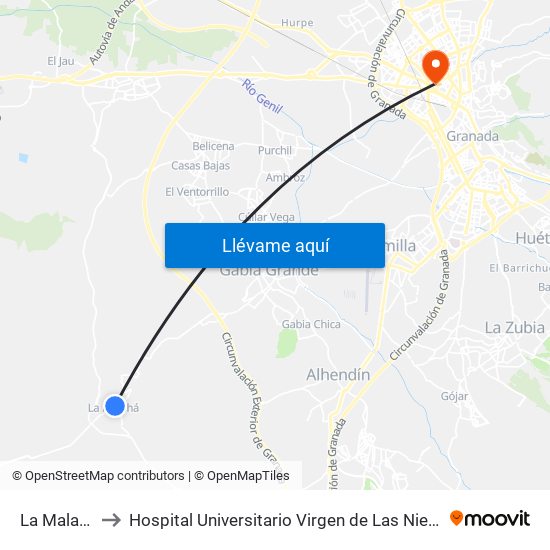 La Malahá to Hospital Universitario Virgen de Las Nieves map