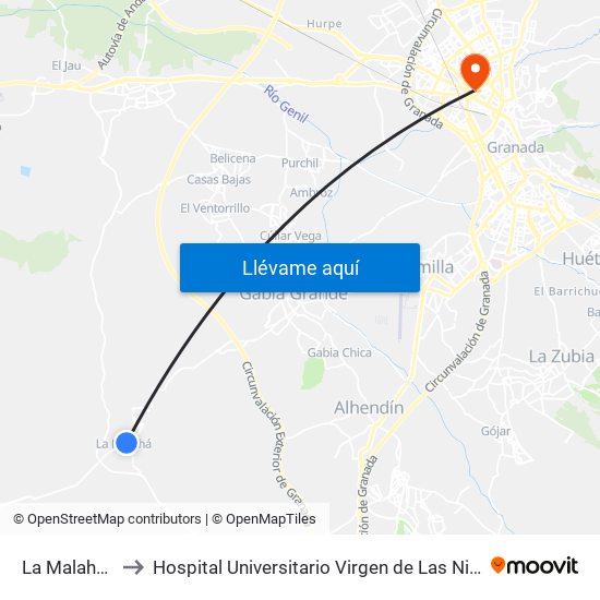 La Malahá V to Hospital Universitario Virgen de Las Nieves map