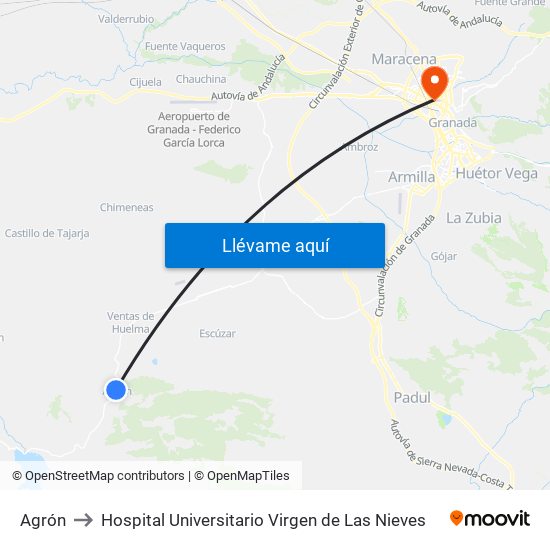 Agrón to Hospital Universitario Virgen de Las Nieves map