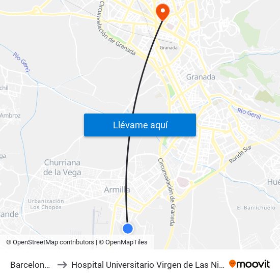 Barcelona V to Hospital Universitario Virgen de Las Nieves map