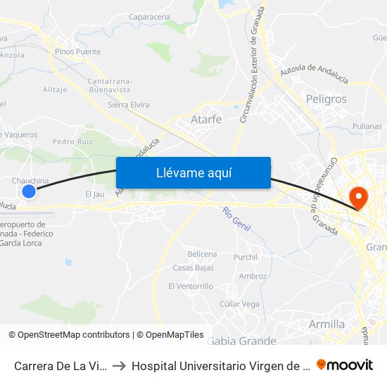Carrera De La Virgen 2 to Hospital Universitario Virgen de Las Nieves map