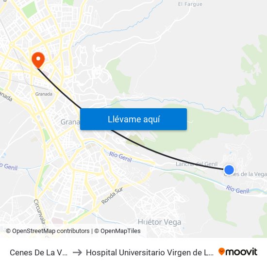Cenes De La Vega 5 to Hospital Universitario Virgen de Las Nieves map