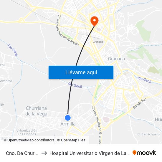 Cno. De Churriana to Hospital Universitario Virgen de Las Nieves map