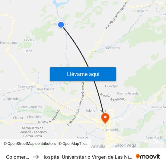 Colomera 1 to Hospital Universitario Virgen de Las Nieves map