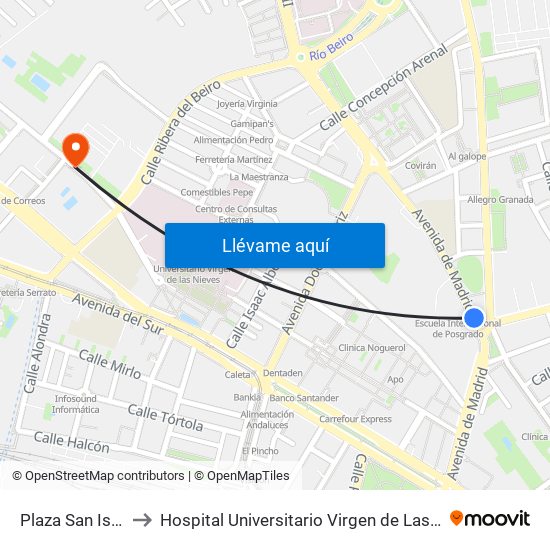 Plaza San Isidro to Hospital Universitario Virgen de Las Nieves map