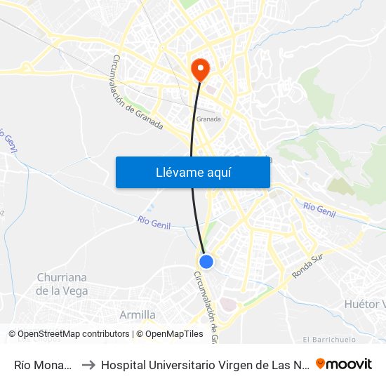 Río Monachil to Hospital Universitario Virgen de Las Nieves map