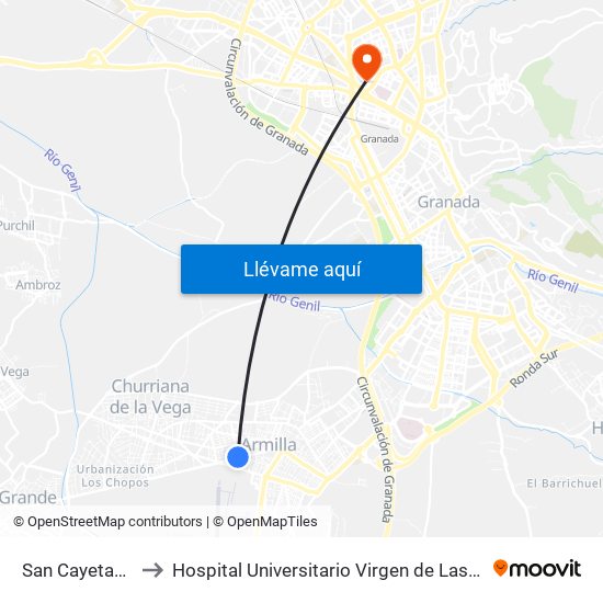 San Cayetano 2 to Hospital Universitario Virgen de Las Nieves map